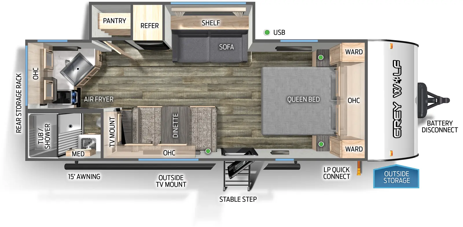 The 22CE has one slideout and one entry door. Exterior features a rear storage rack, 15 foot awning, outside TV mount, mid stable step entry, LP quick connect, outside storage and battery disconnect. Interior layout front to back: queen bed with overhead cabinet and wardrobes on each side; off-door side slideout with sofa, shelf, refrigerator, and pantry; door side entry, dinette with overhead cabinet, and TV mount; rear door side full bathroom with medicine cabinet; rear off-door side kitchen counter with sink, overhead cabinet, and air fryer.